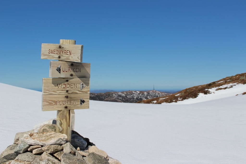 Trail signages that read "Smedmyren", "Ulriken", "Vidden", "Fløyen", respectively, as seen during our hiking in Bergen, Norway