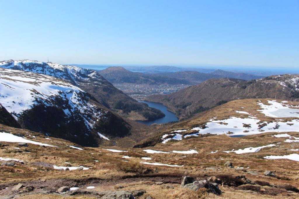 Beautiful mountain views from the peak of Mt. Ulriken. Hike up Mount Ulriken during your visit in Norway.