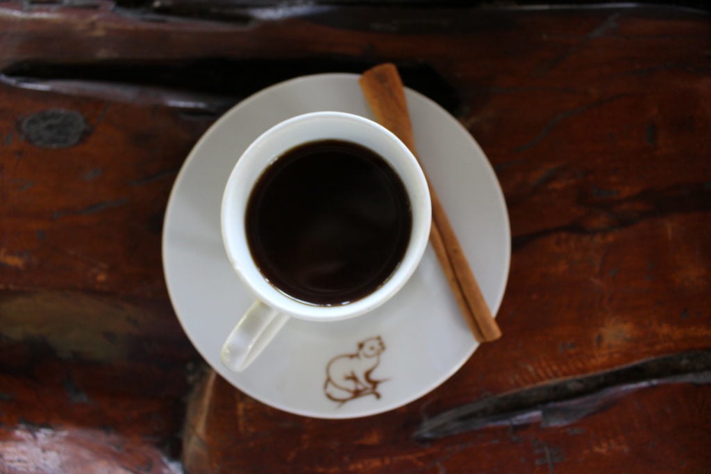 A cup of black coffee with a wooden stirrer