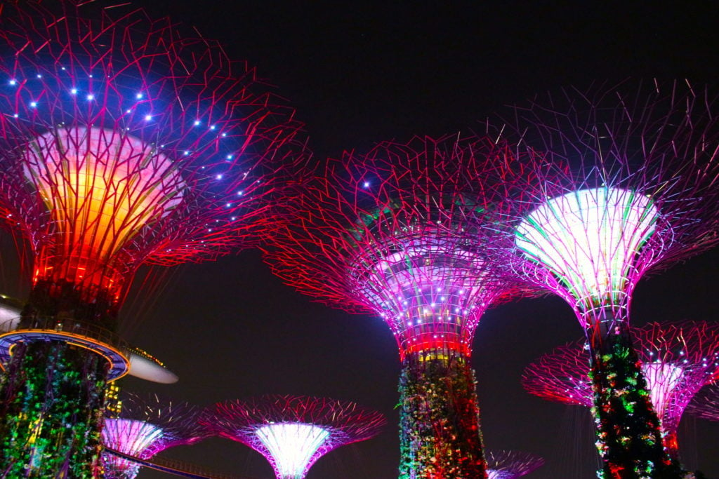 Colorful, lit artificial trees in Supertree Grove at night