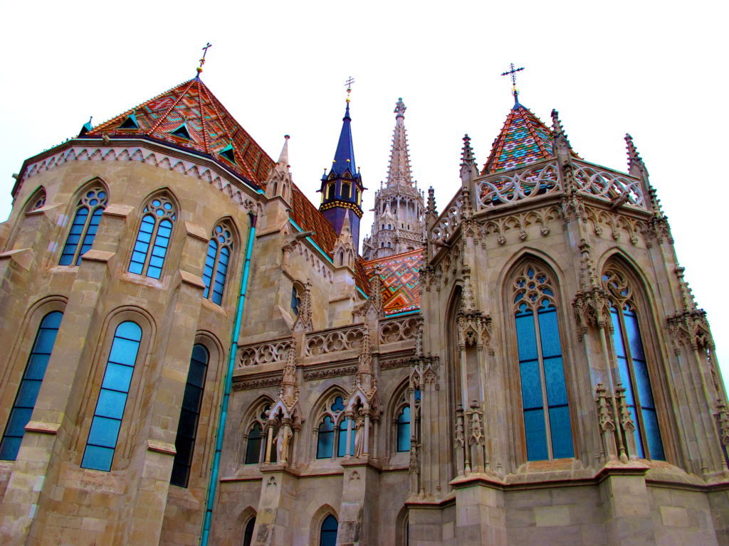 Colorful, intricately designed roofs and exterior of the Matthias Church