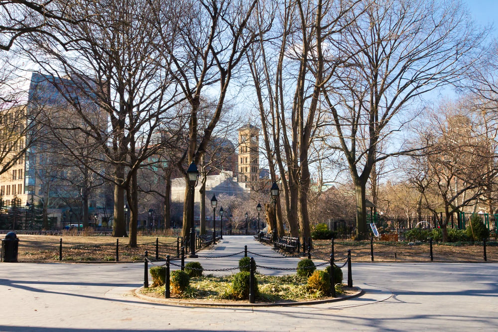 The middle of Washington Square Park in New York City in winter