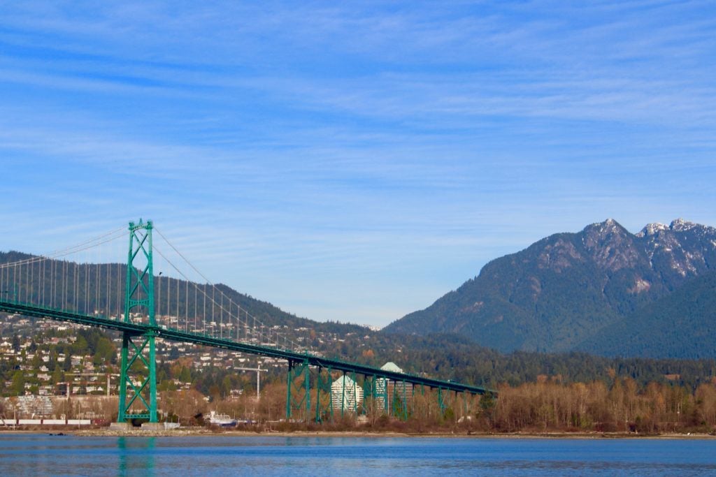 Lions Gate Bridge under blue skies