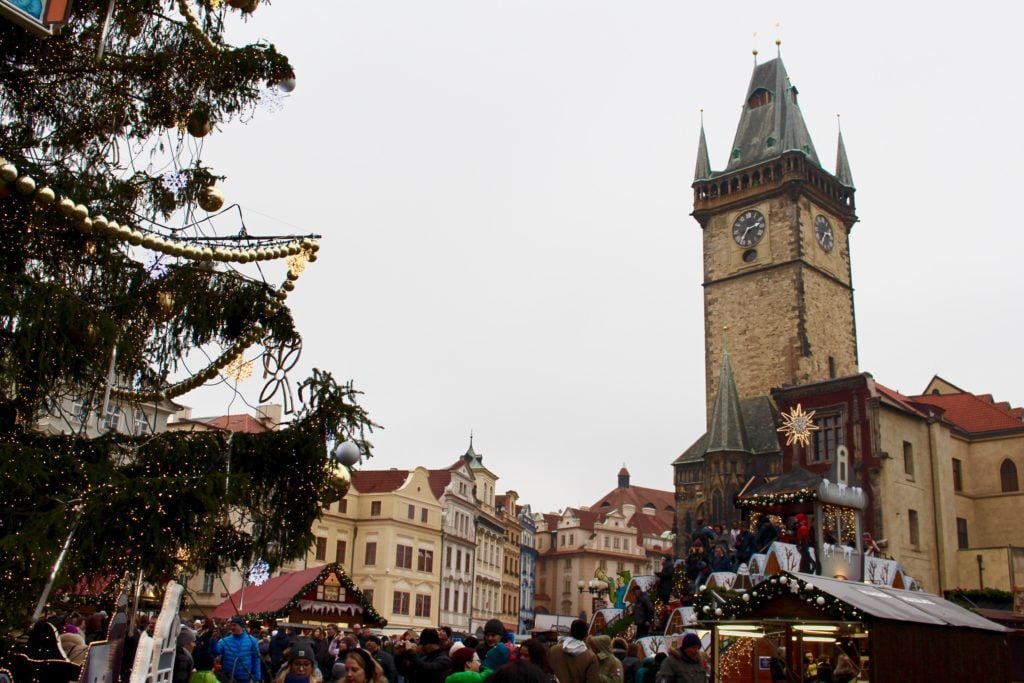 Medieval architecture and Christmas decorations in Prague Christmas Market