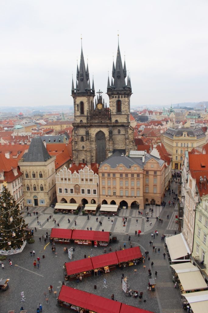 Church of Our Lady before Týn surrounded by beautiful medieval architecture at Prague's Old Town Square Christmas Market