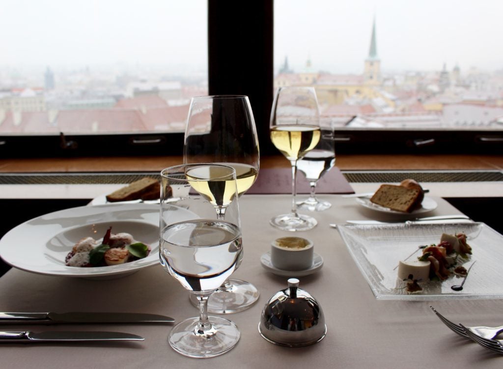 Beautiful presentation of our first course on the table as we were seated by the window while fine dining in Prague