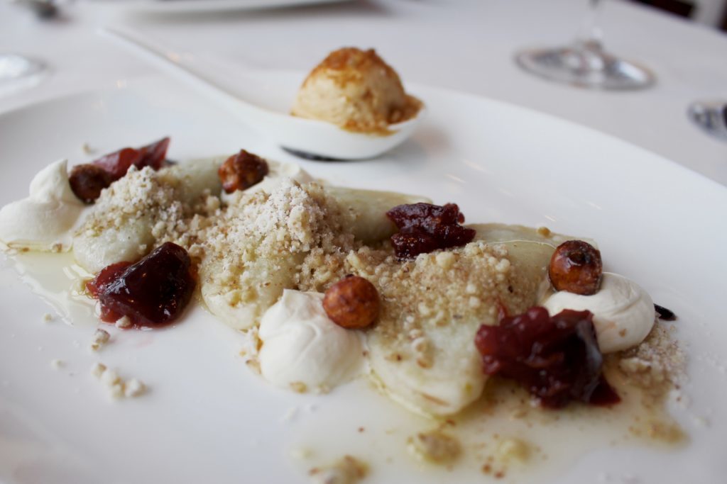 Plum ravioli with toasted hazelnuts and melted butter