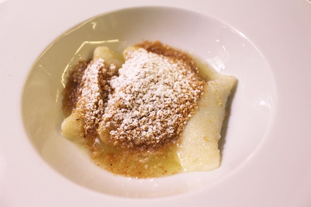 Plum ravioli dish with brandy glaze and golden toasted breadcrumbs - the dessert for our fine dining in Coda