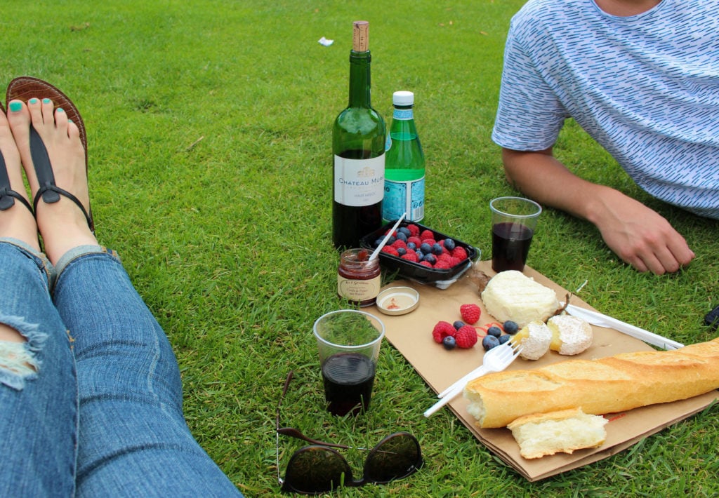 Green grass with two people and a picnic