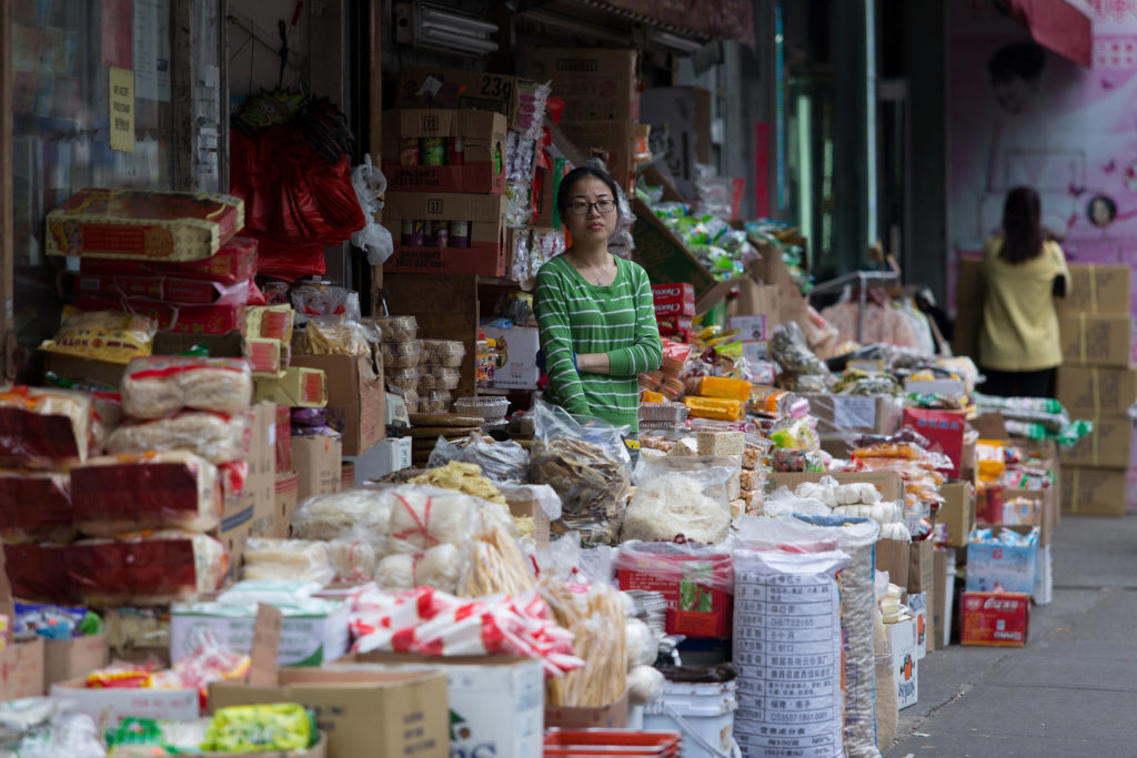 A woman selling stuff at her shop in Chinatown in NYC