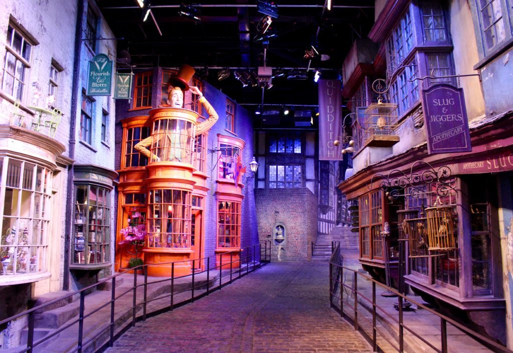Inside view of Harry Potter tour at Warner Bros. studio showing Diagon Alley