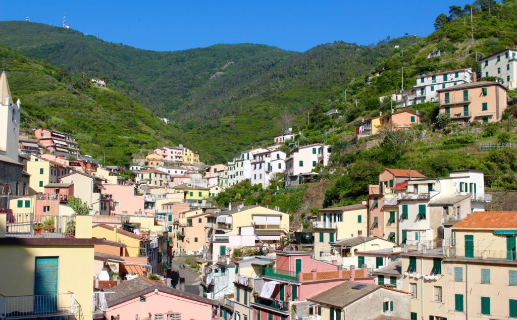 Beautiful neighborhood in Riomaggiore on the slope of a mountain in Cinque Terre