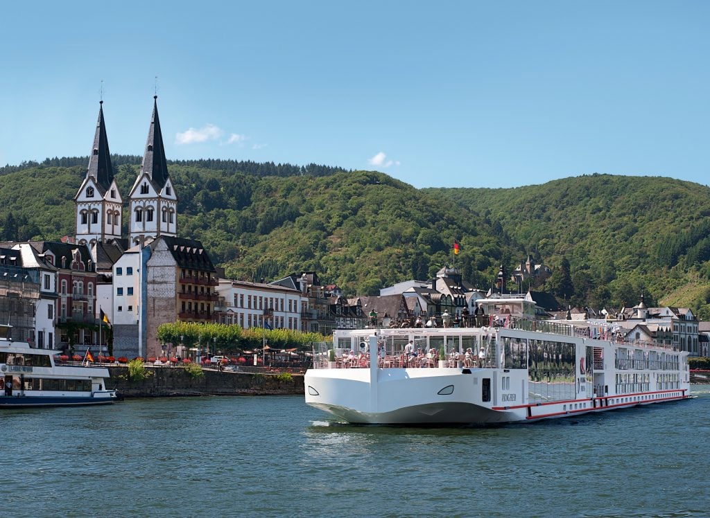 European river cruise ship sailing through the Rhine Valley in Boppard, Germany