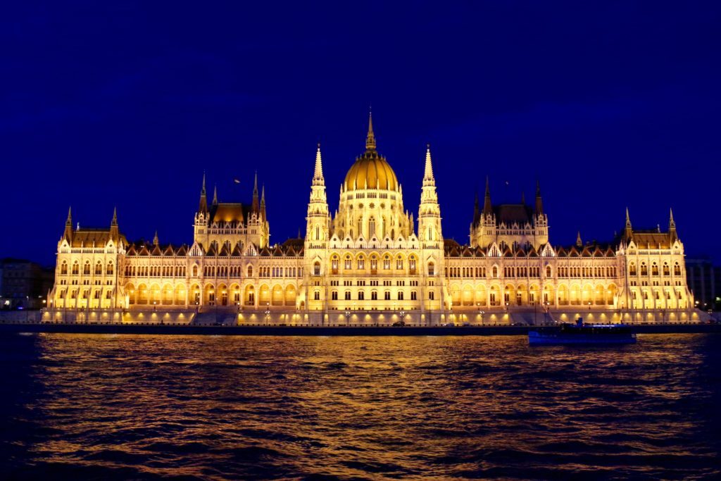 Hungarian Parliament Building being beautifully lit-up at night. This is one of the landmarks we saw in Budapest, Hungary during the Grand European Tour with Viking River Cruises.