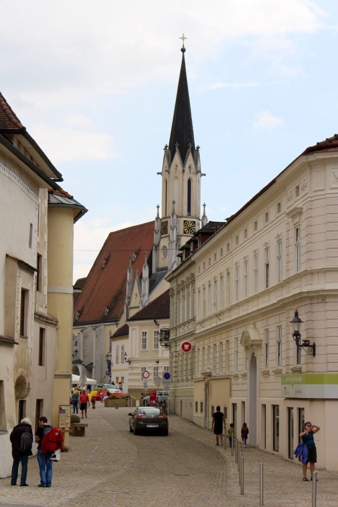 View of the church tower from a street in Melk, Austria during our Viking River Cruises Grand European Tour