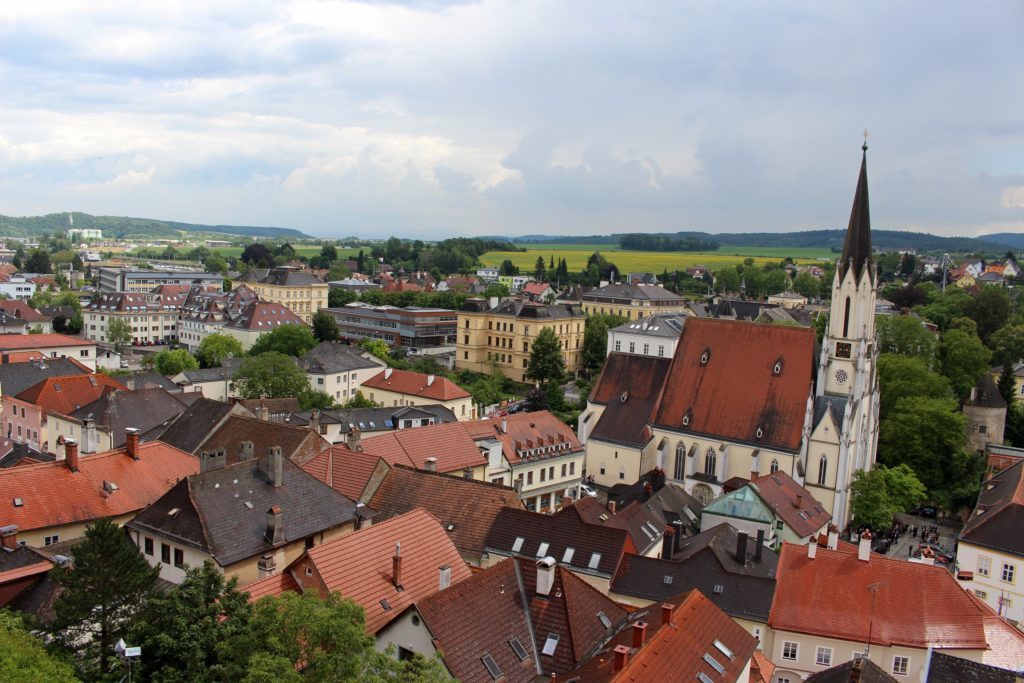 Aerial view of Melk town and Church of Assumption of St. Mary in Austria