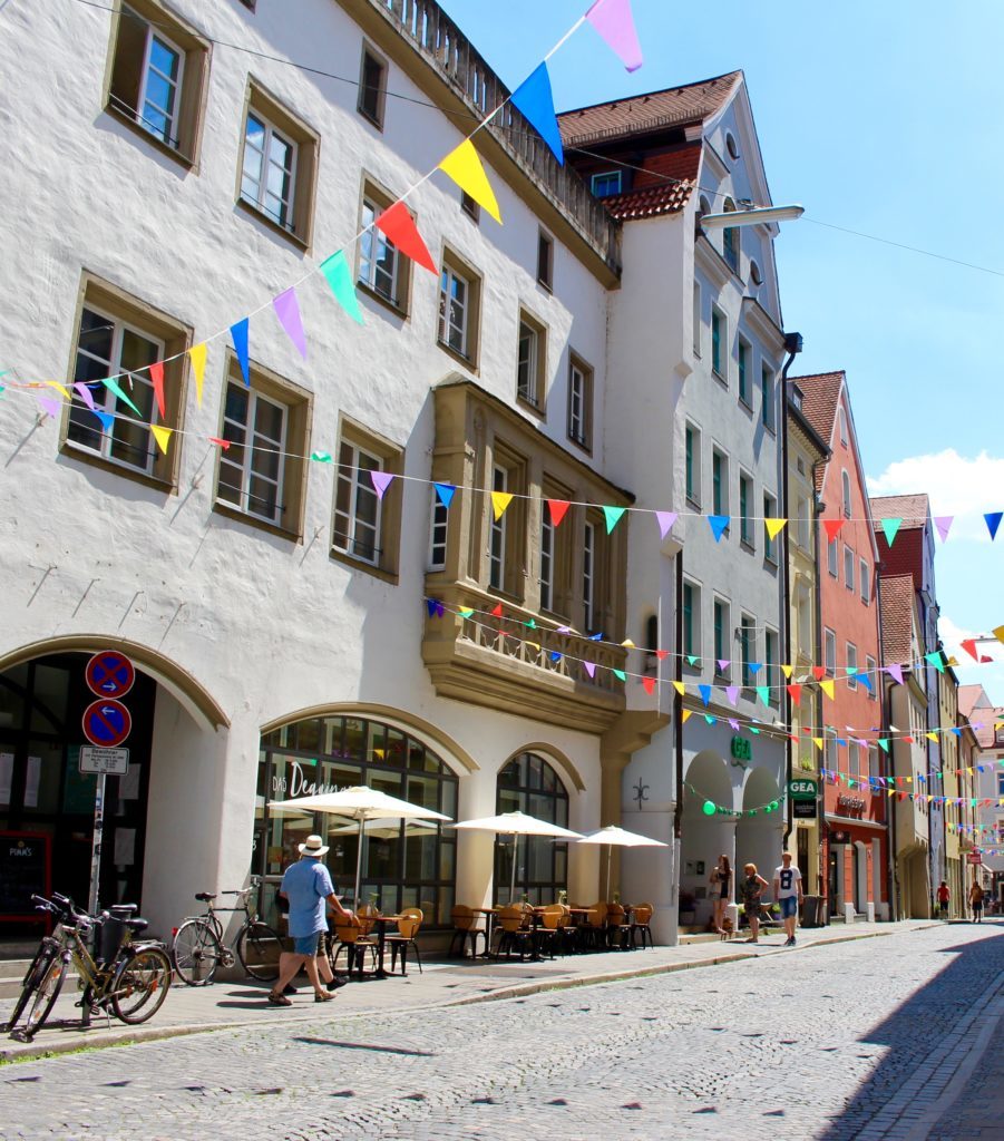 Cobblestone street in Regensburg, Germany on a sunny day