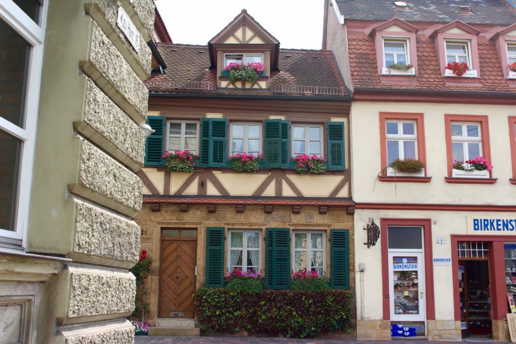 Medieval houses with windows decorated with potted flowering plants and bushes