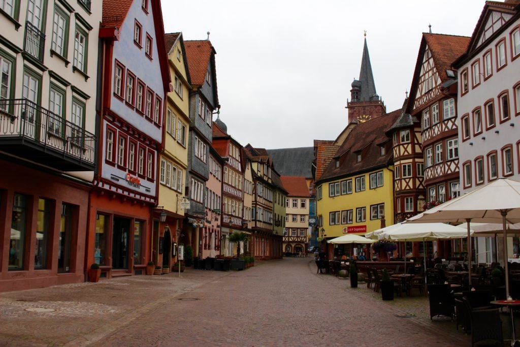 Quiet street surrounded with colorful medieval houses in Wertheim - one of the fairy tale towns in Germany