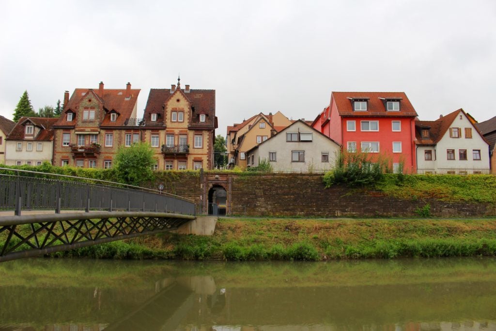 River under a bridge connecting two neighboring areas of Wertheim - one of the fairy tale towns in Germany