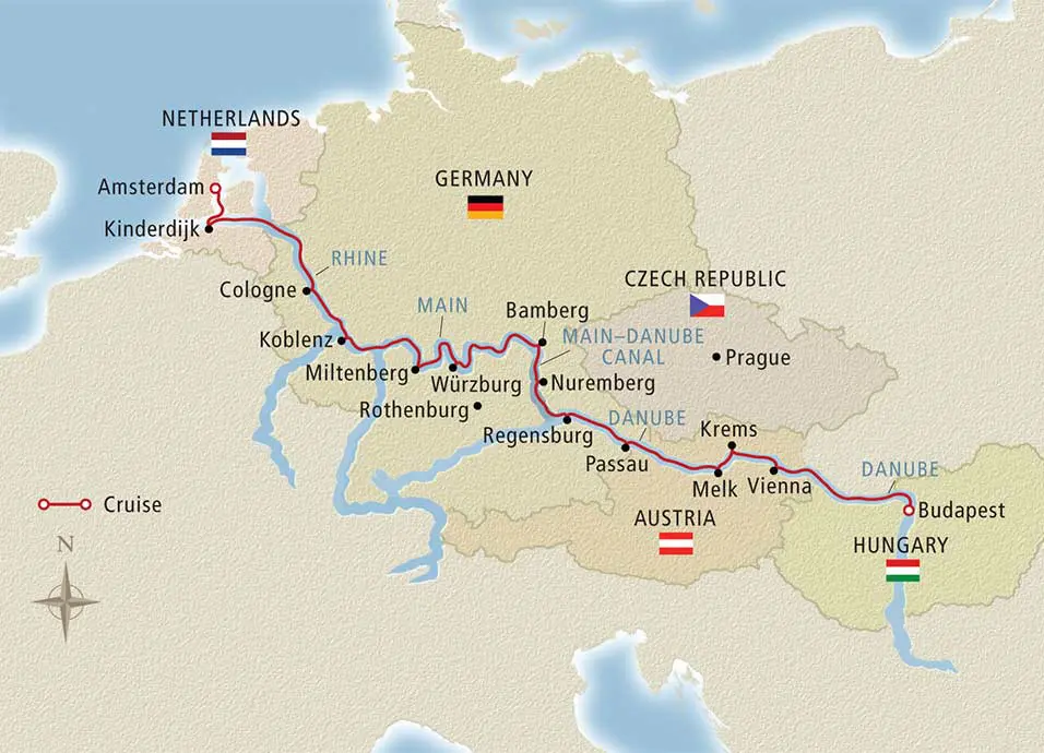 Map showing destinations of the tour from Amsterdam to Budapest