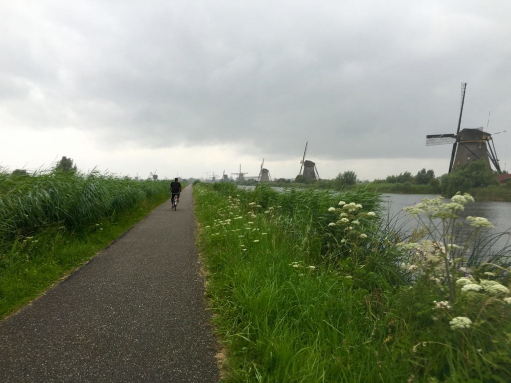 Man cycling along a narrow road by the river. Taking a day trip to Kinderdijk is one of the best things to do in Netherlands.