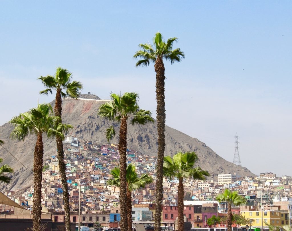 Colorful buildings of the Rimac district on the slopes of Cerro San Cristobal