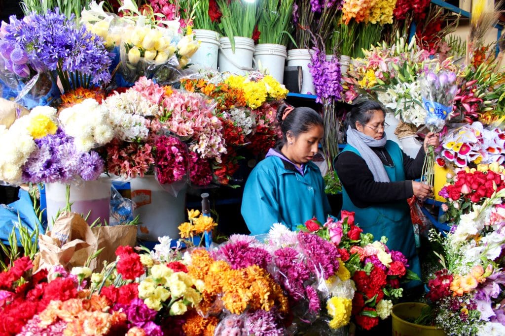 Two women selling a variety of colorful, beautiful flowers in Mercado Central de San Pedro. Make sure to visit this local market during your three days in Cusco.
