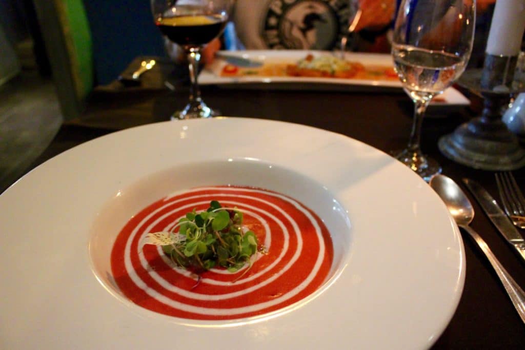 Appetizer on a white ceramic plate at the Uchu Peruvian Steakhouse. Try the local cuisines during your three days in Cusco by eating at some of their best restaurants.