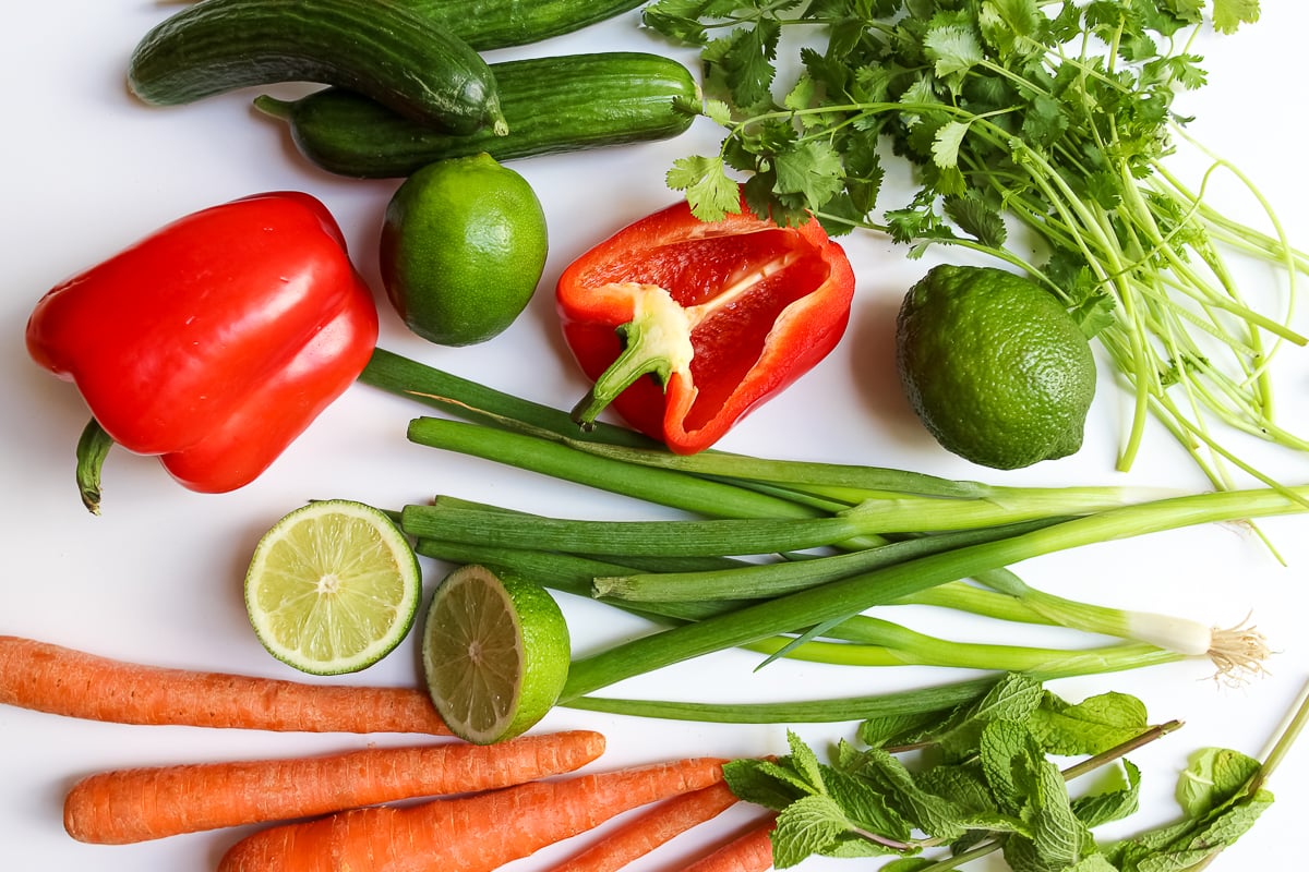 Overhead view of the ingredients for vegan spring rolls. 