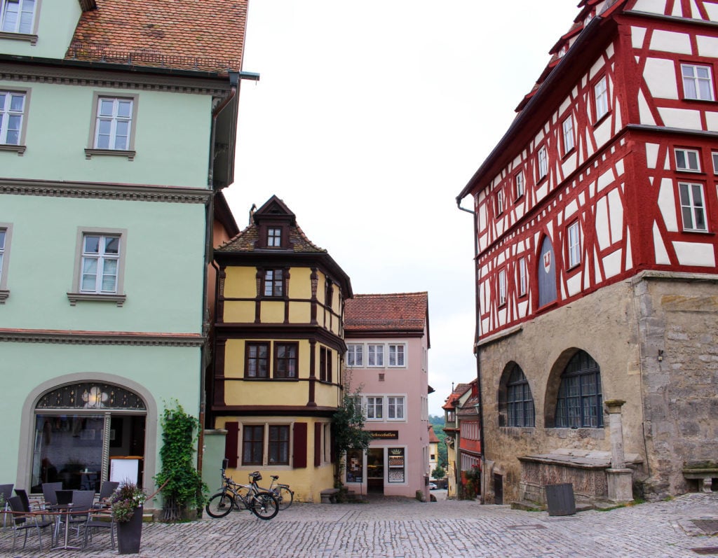 Quiet street surrounded by medieval buildings