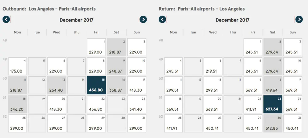 Fare calendars from Los Angeles to Paris and vice versa
