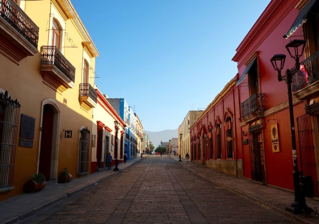 Instagrammable, colorful cobblestone street in Oaxaca City, Mexico