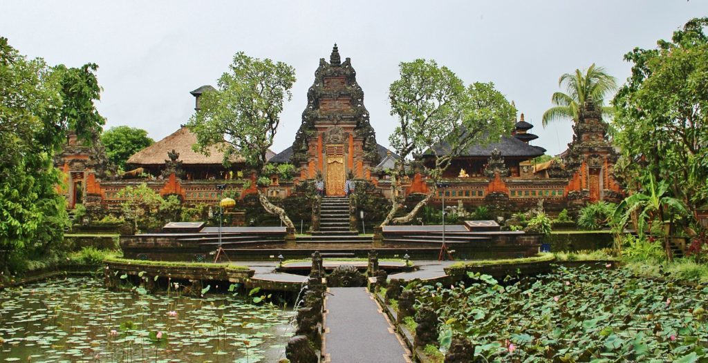 Saraswati Temple surrounded by lotus ponds 