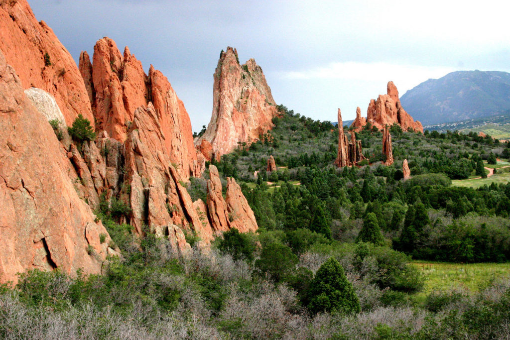 Tall sandstone rock formations in Garden of the Gods