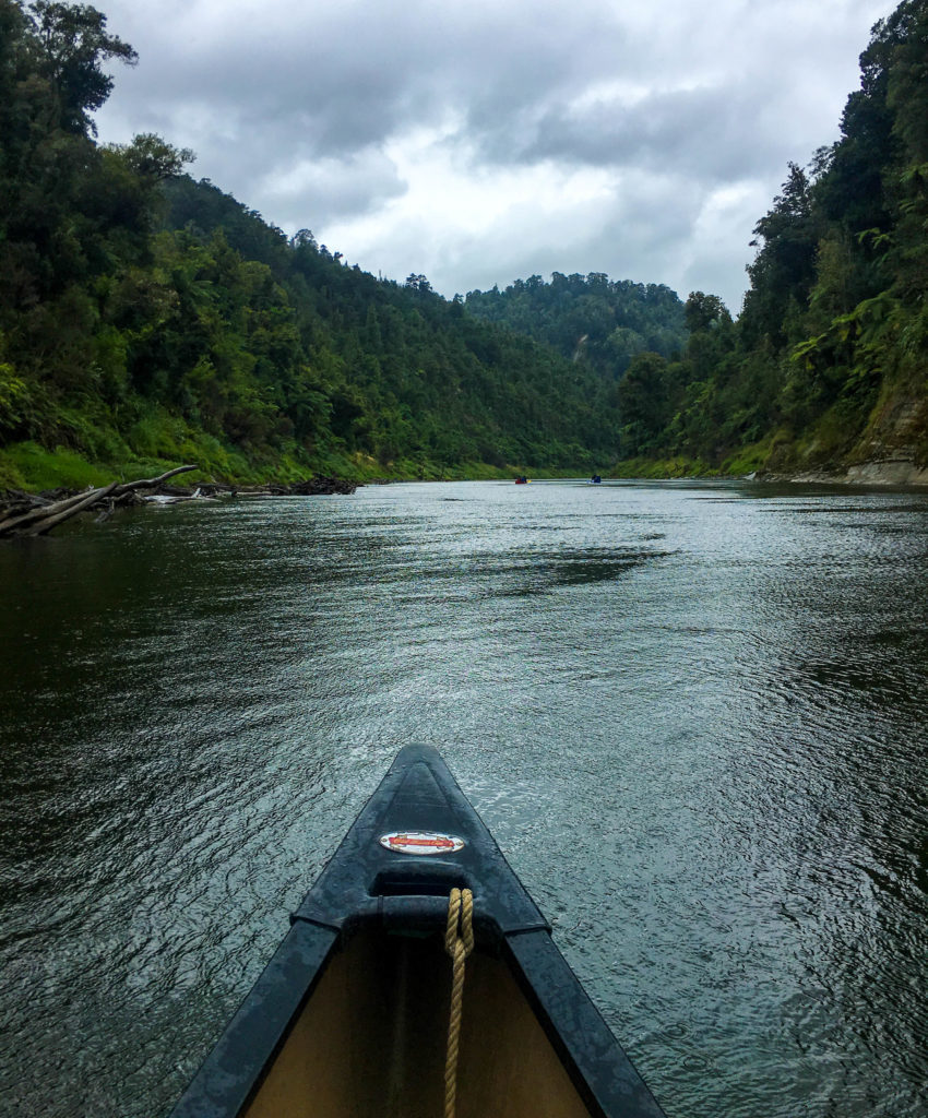 Canoeing on the river as the rain pours during our Whanganui River Journey