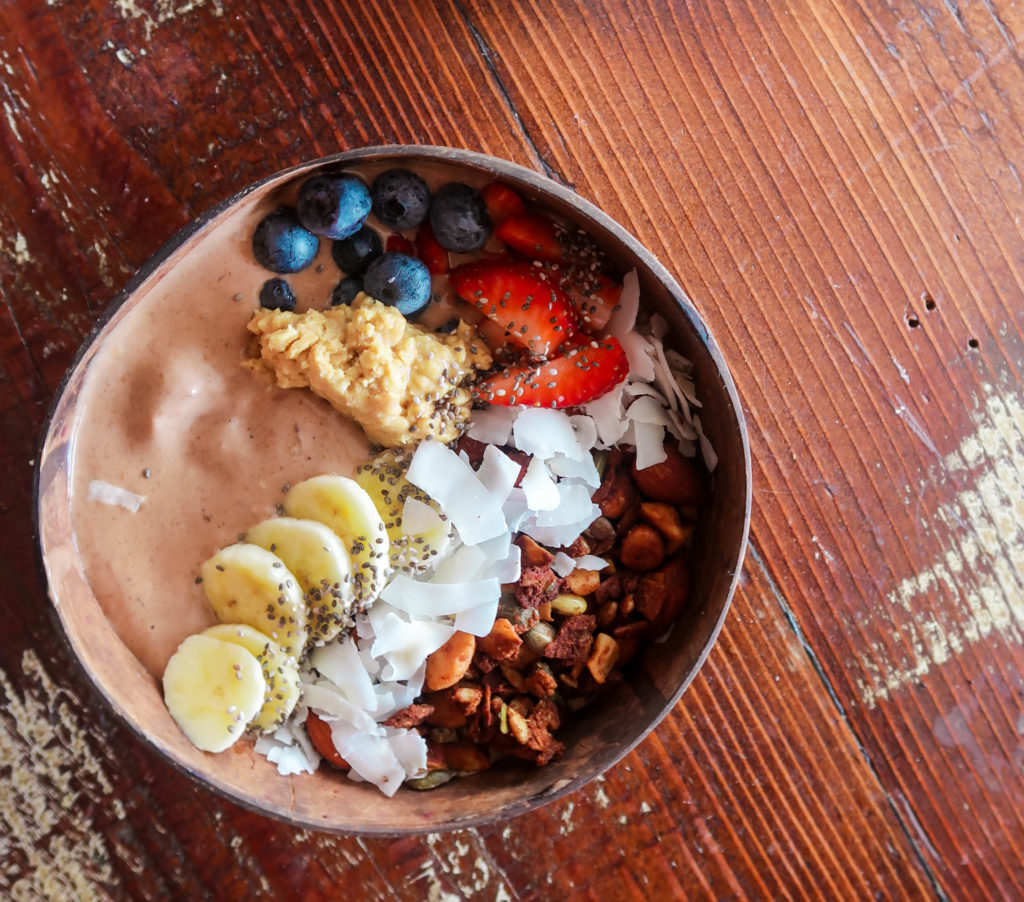 Peanut butter cacao bowl with fresh fruits
