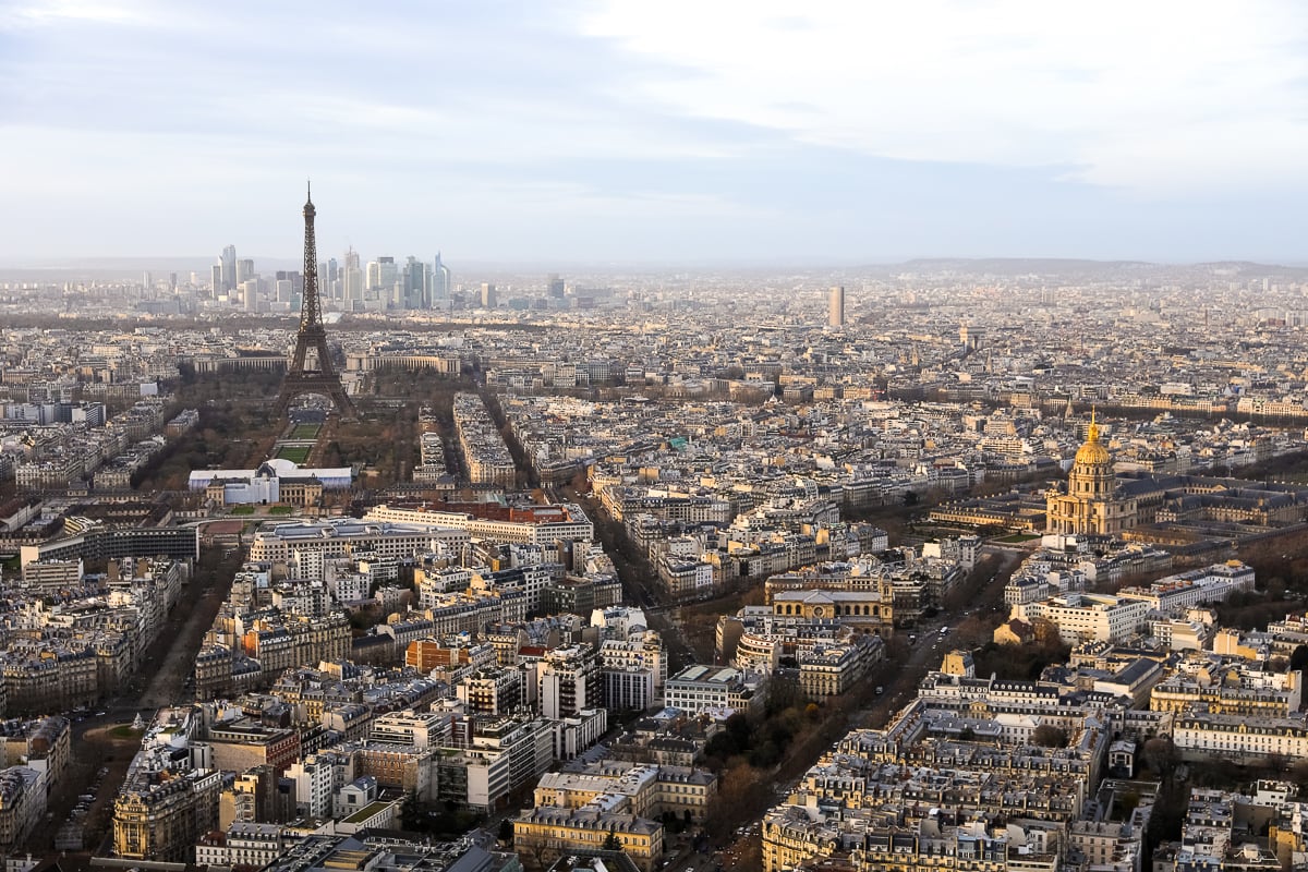 An incredible view of Paris, including the Eiffel Tower, as seen from the Montparnasse Tower.