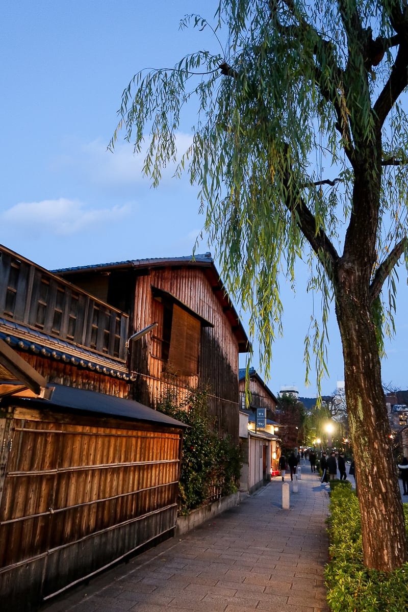 Traditional wooden machiya houses and a willow-lined street in Kyoto's Gion district at dusk