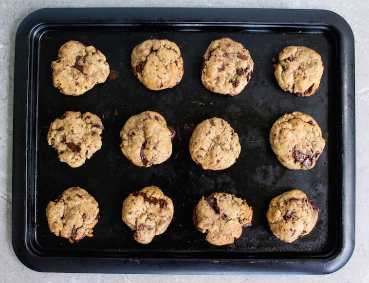 Vegan chocolate chip cookies on a tray