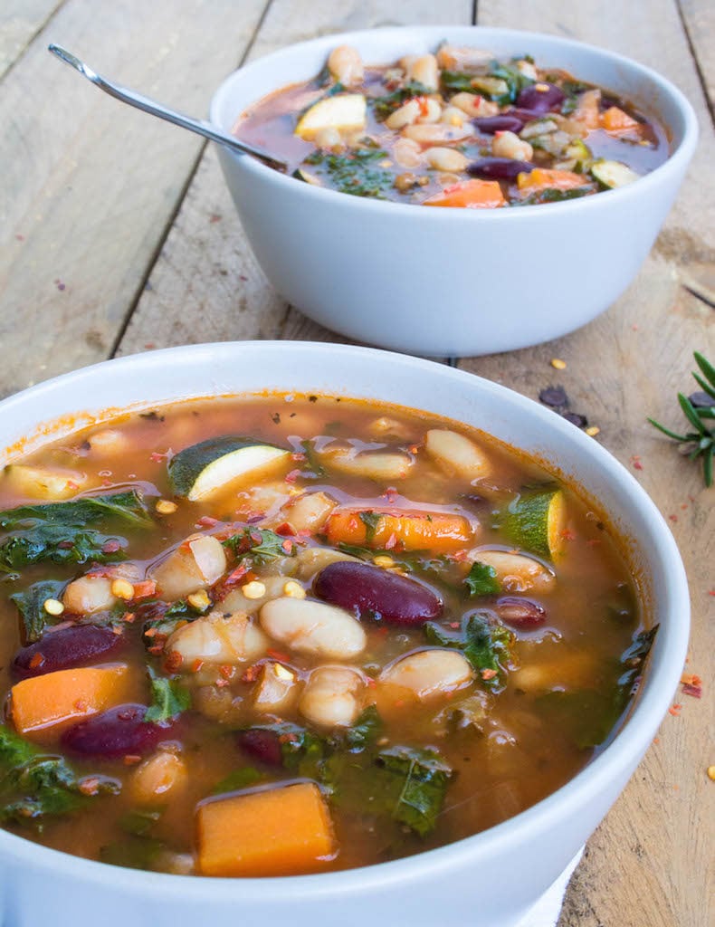 Two bowls of delicious vegan minestrone soup