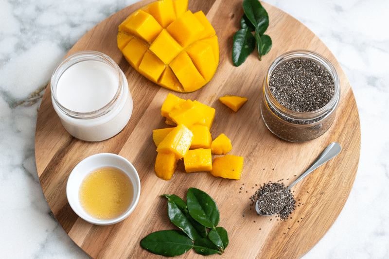 The ingredients for tropical mango and lime chia pudding.