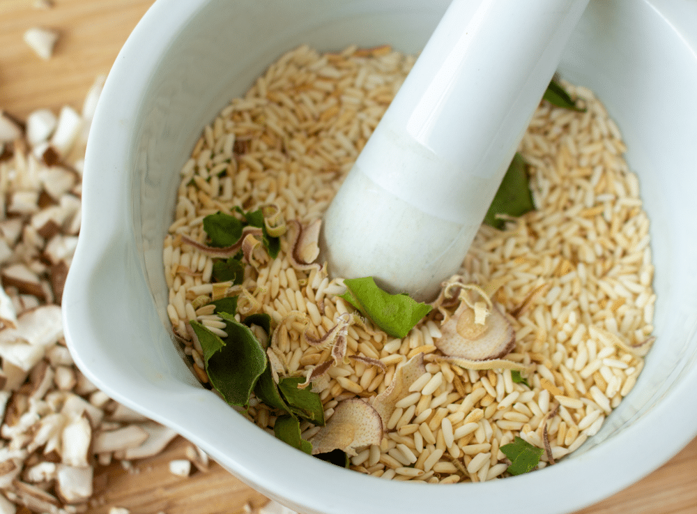 Toasted sticky rice for larb.