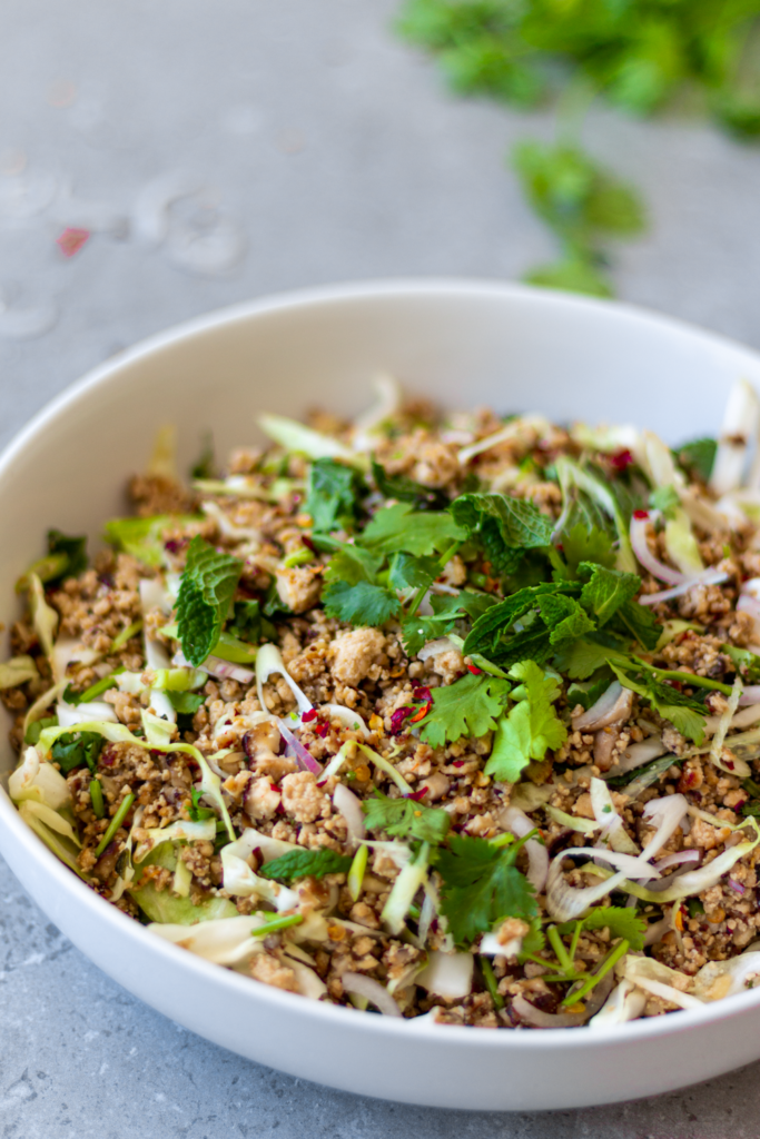 This is the best, most authentic recipe for vegan larb, ever! This larb is made with shiitake muushrooms and crumbled tofu. It's packed with texture and the flavors of lime, chili, toasted sticky rice, lemongrass, and fresh herbs. It's probably the greatest salad ever created - and that is no exaggeration.)