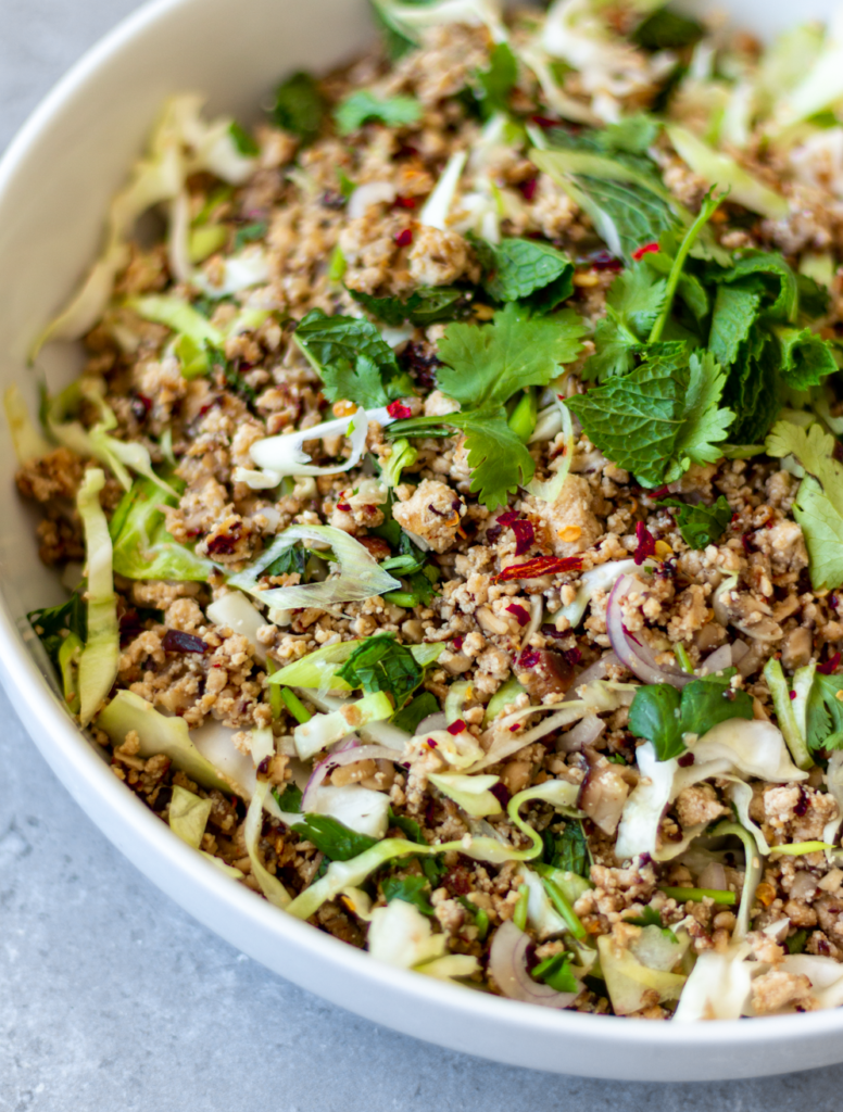 This plant-based minced meat salad is made with shiitake mushrooms and crumbled tofu. It's packed with texture and the flavors of lime, chili, toasted sticky rice, lemongrass, and fresh herbs. It's probably the greatest salad ever created - and that is no exaggeration.