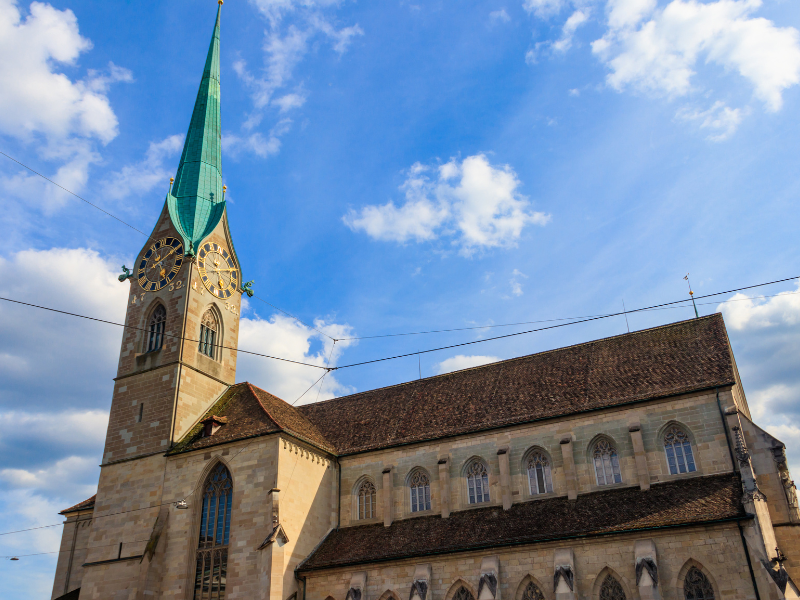 Fraumunster church in Zurich and blue skies in the background