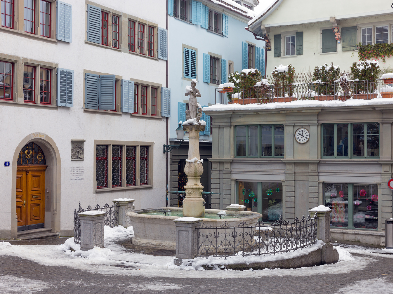 Beautiful Napf Square in Old Town Zurich covered in a dusting of snow