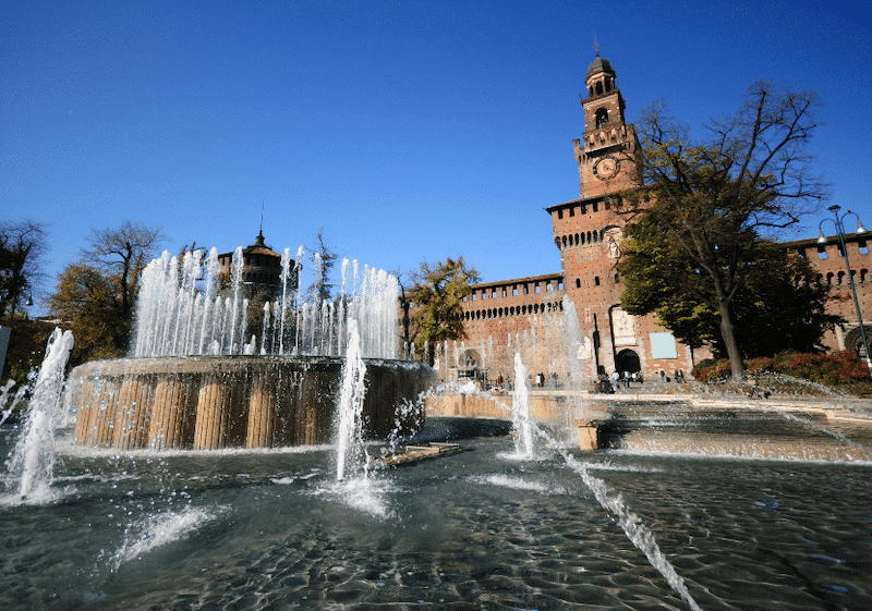 The fountain and the tower of Castello Sforzesco. This castle is an important piece of Milan's history and it is a must-see.