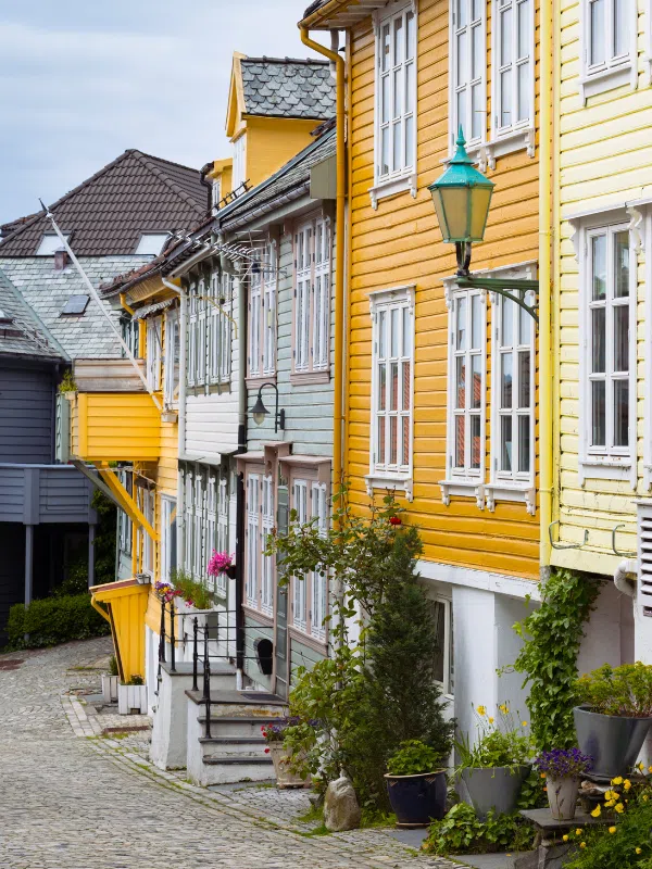 colorful buildings and cobblestone streets in bergen, norway