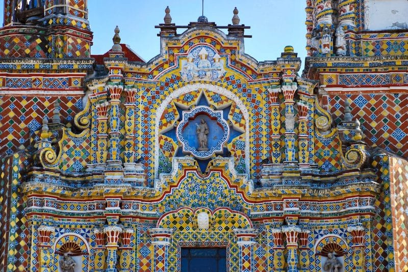 Ornate church facade in Cholula, Puebla